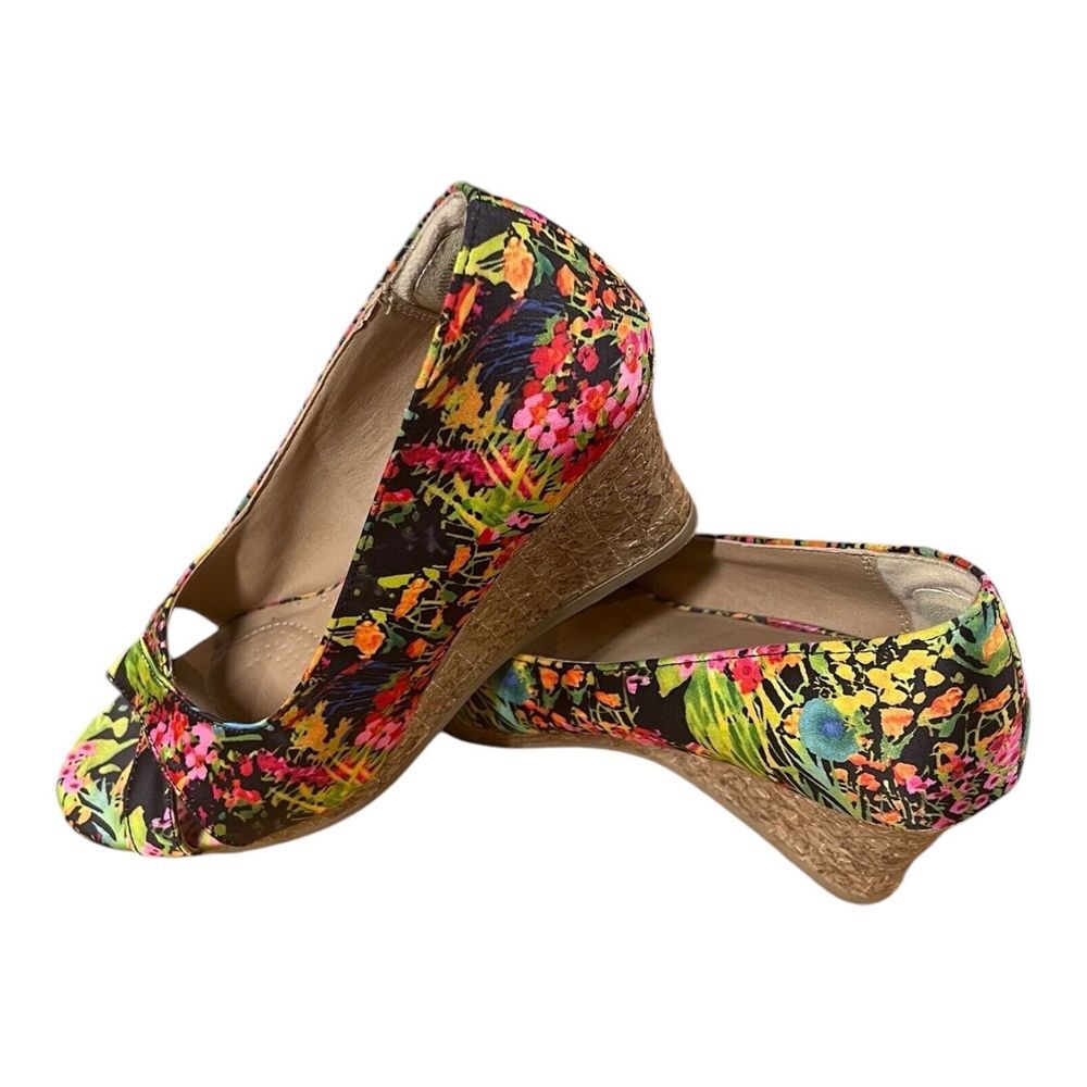 Dexflex Comfort Peek a Boo Cork Wedge Shoes Sexy Floral Tropical Size 6
